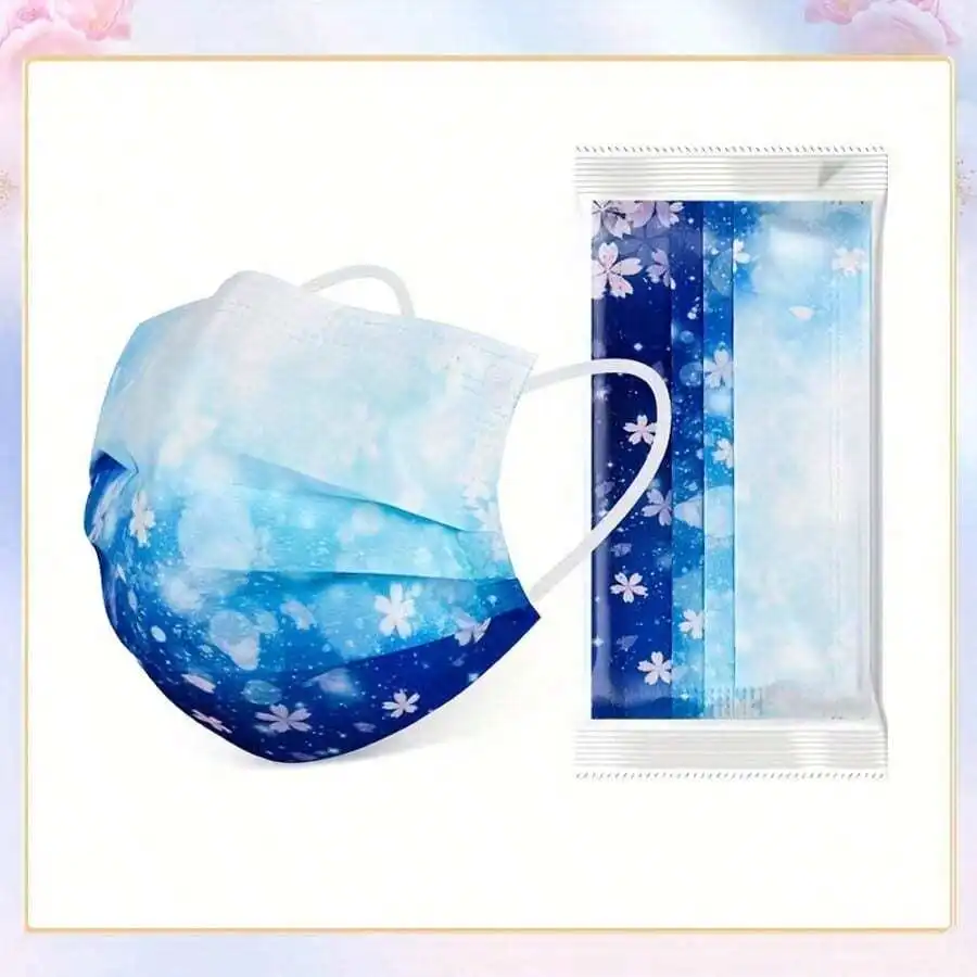 10pcs Floral Sakura Print 3-Pl - Disposable Mask Blue 리뷰 및 가격